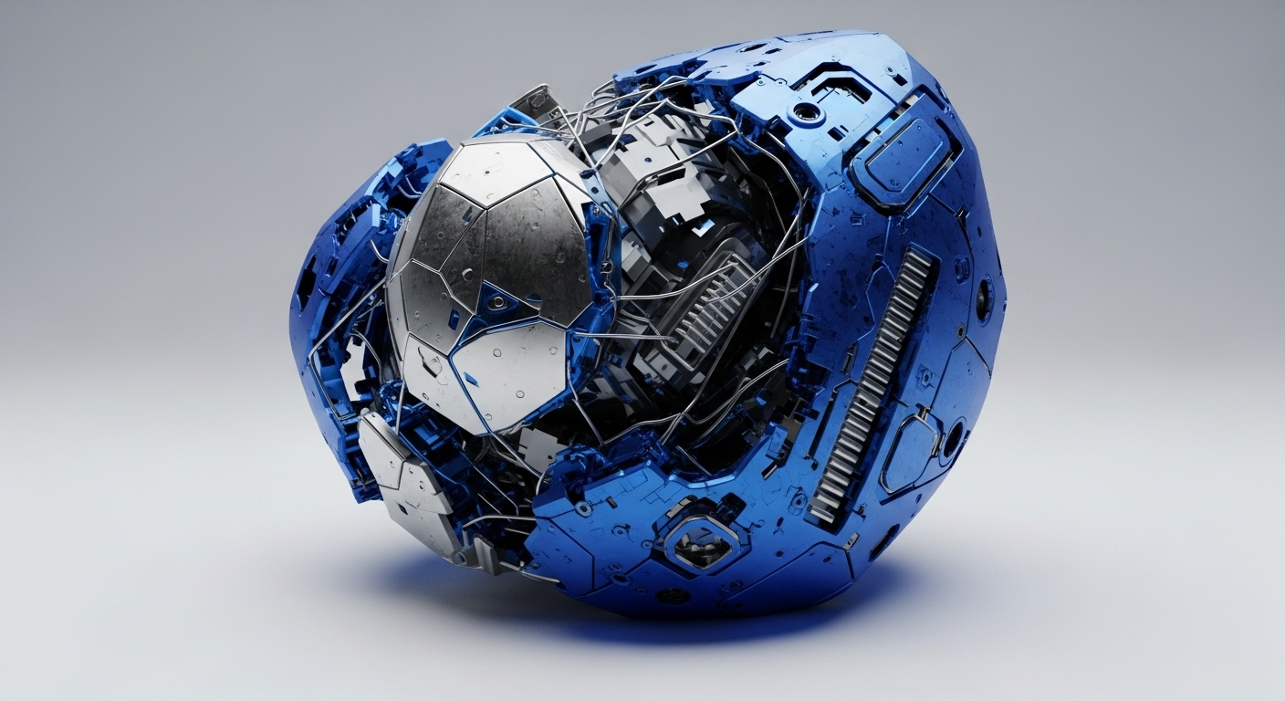 This abstract sculpture features a spherical form constructed from interlocking blue and silver metallic plates, with exposed internal components like springs and wiring. The intricate design suggests the complex architecture of a blockchain network, highlighting the underlying mechanisms that power decentralized systems