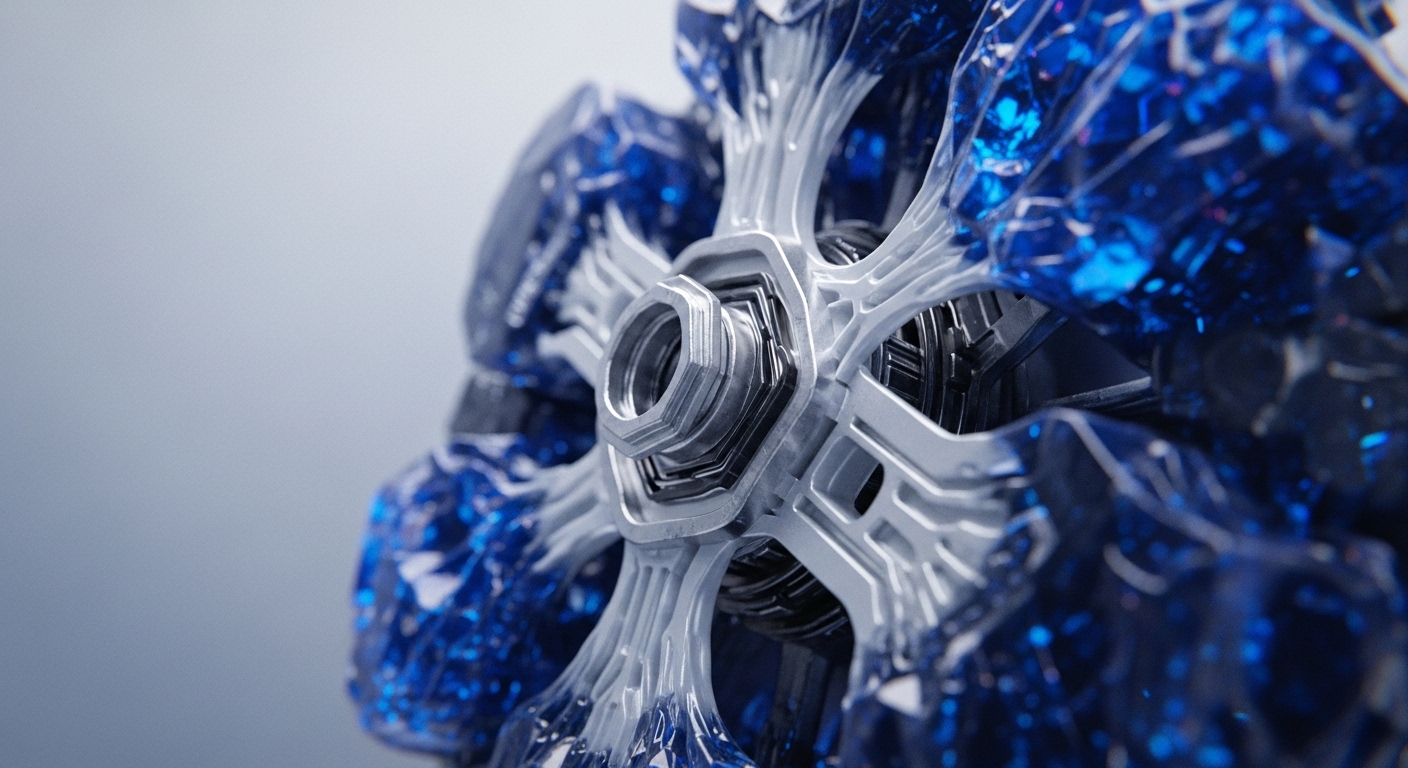 The image presents a detailed close-up of a complex, silver-toned mechanical hub featuring intricate, branching supports. These metallic structures are interwoven with vibrant, fragmented blue crystalline elements, creating a visually striking interplay of precision and organic form