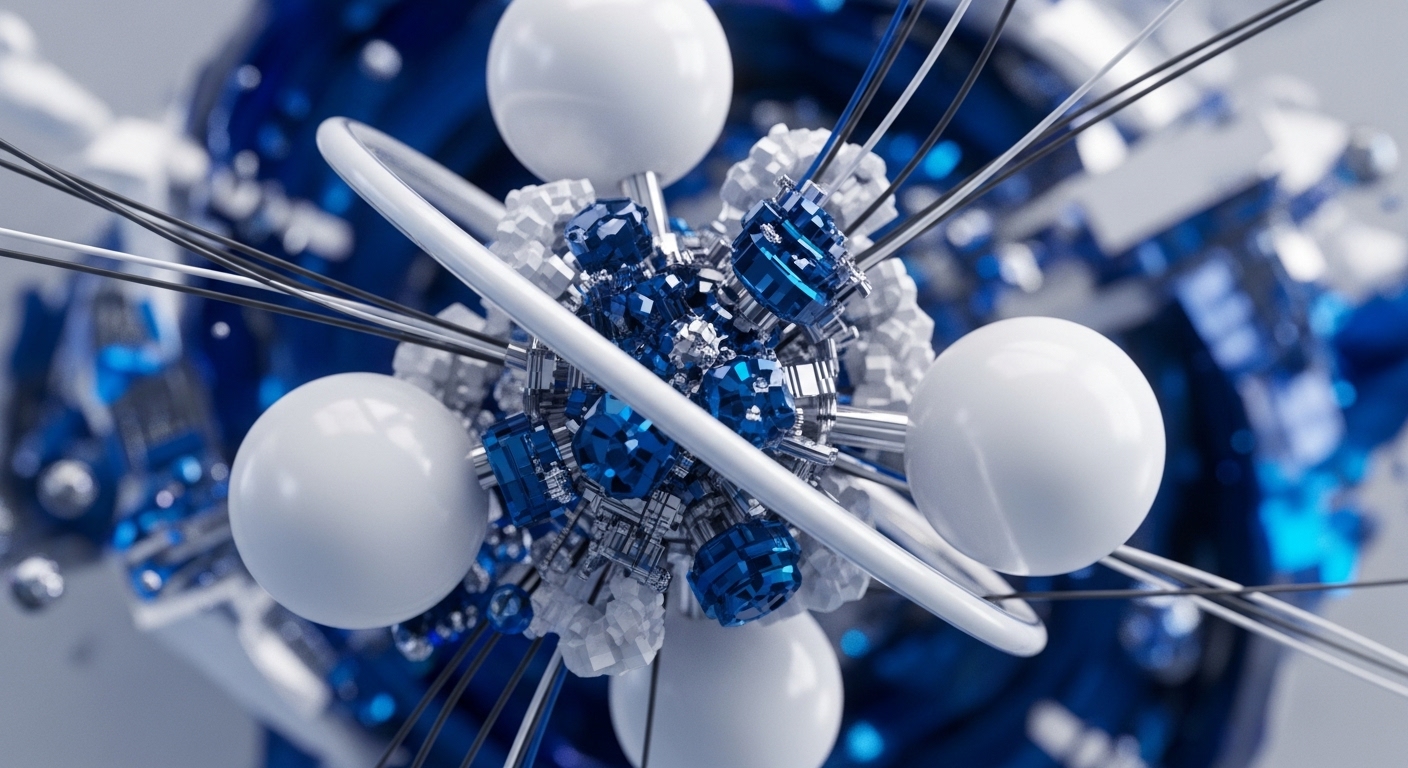 A dynamic abstract image showcases a core cluster of shimmering blue, multifaceted geometric forms, surrounded by smooth white spheres and intricate silver structures, all connected by thin lines. The background is a blurred expanse of deep blue and white, creating depth and focus on the central arrangement