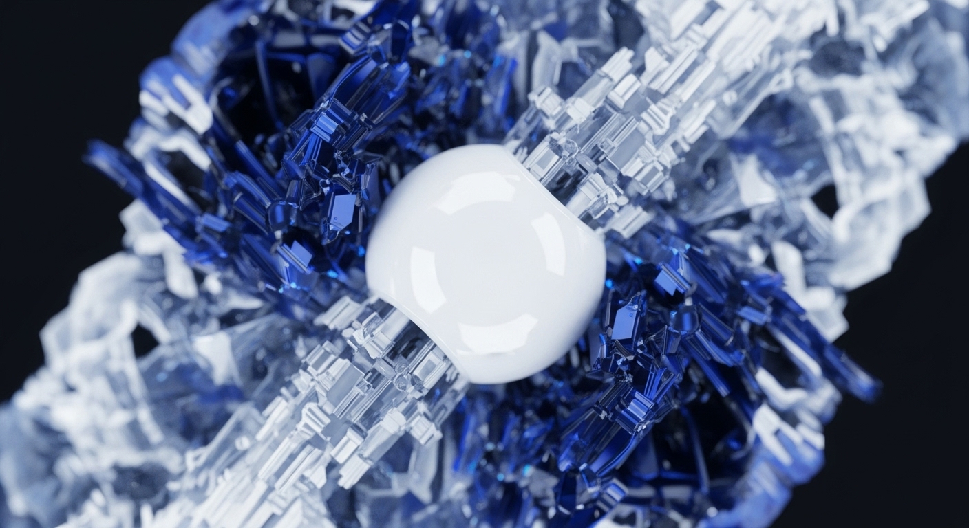A gleaming white spherical object is centrally positioned, surrounded by an intricate, spiky formation of blue and clear crystalline shards. These translucent, geometric elements extend outwards, creating a dense, interconnected structure against a dark, blurred background