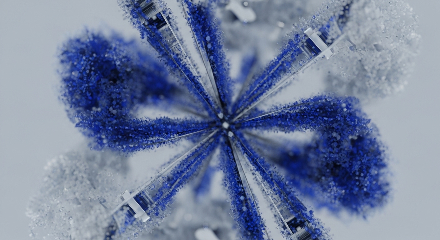 The abstract visual features a central point from which several distinct, crystalline structures radiate outwards. These arms are densely covered with a multitude of small, granular particles in shades of vivid blue and frosted white, creating a textured, dynamic composition against a light background