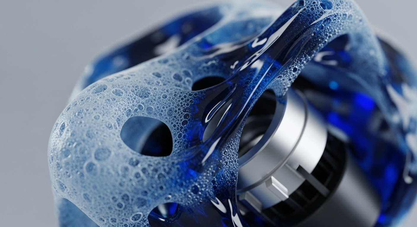 A macro view showcases a translucent, deep blue, organically structured component, partially covered in a dense layer of fine white foam and bubbles. A silver and black mechanical element is visible within the blue structure, suggesting an internal processing unit