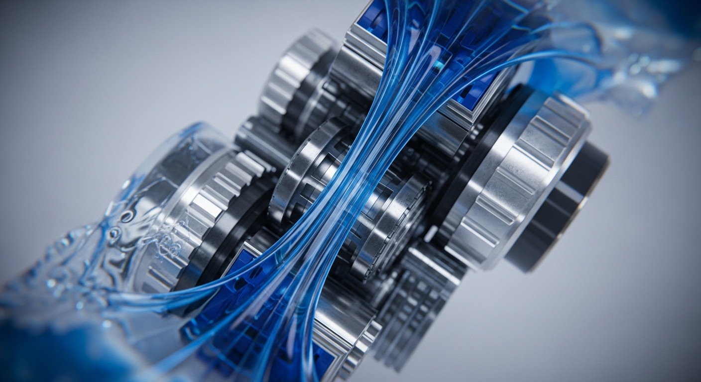 The close-up perspective reveals a series of metallic gears and sprockets, gleaming under focused light, with dynamic streams of translucent blue liquid or energy flowing between and around them. The composition emphasizes intricate mechanical interplay and fluid movement against a soft, gradient background