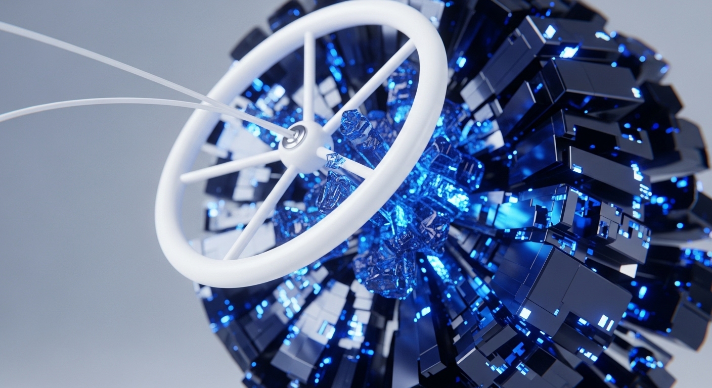 A pristine white, spoked wheel-like structure, resembling an on-chain governance mechanism, anchors the foreground, with delicate white filaments extending. Behind it, a vast, complex spherical mass of dark metallic blocks pulsates with vibrant blue light, suggesting a dynamic digital infrastructure