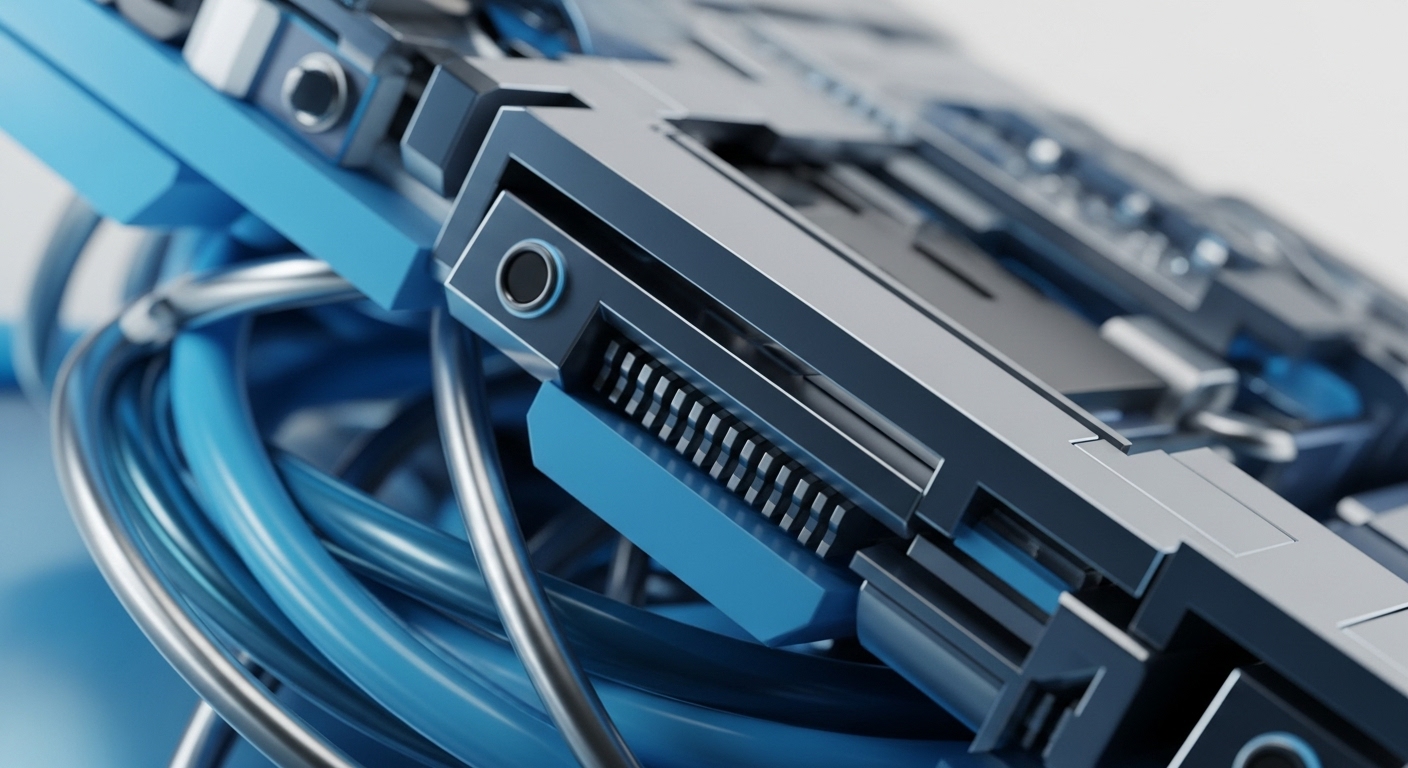 The image showcases a sophisticated arrangement of metallic grey and vibrant blue components, forming an advanced technological system. Numerous intertwined blue and silver cables are visible, connecting various structural elements and highlighting complex data pathways