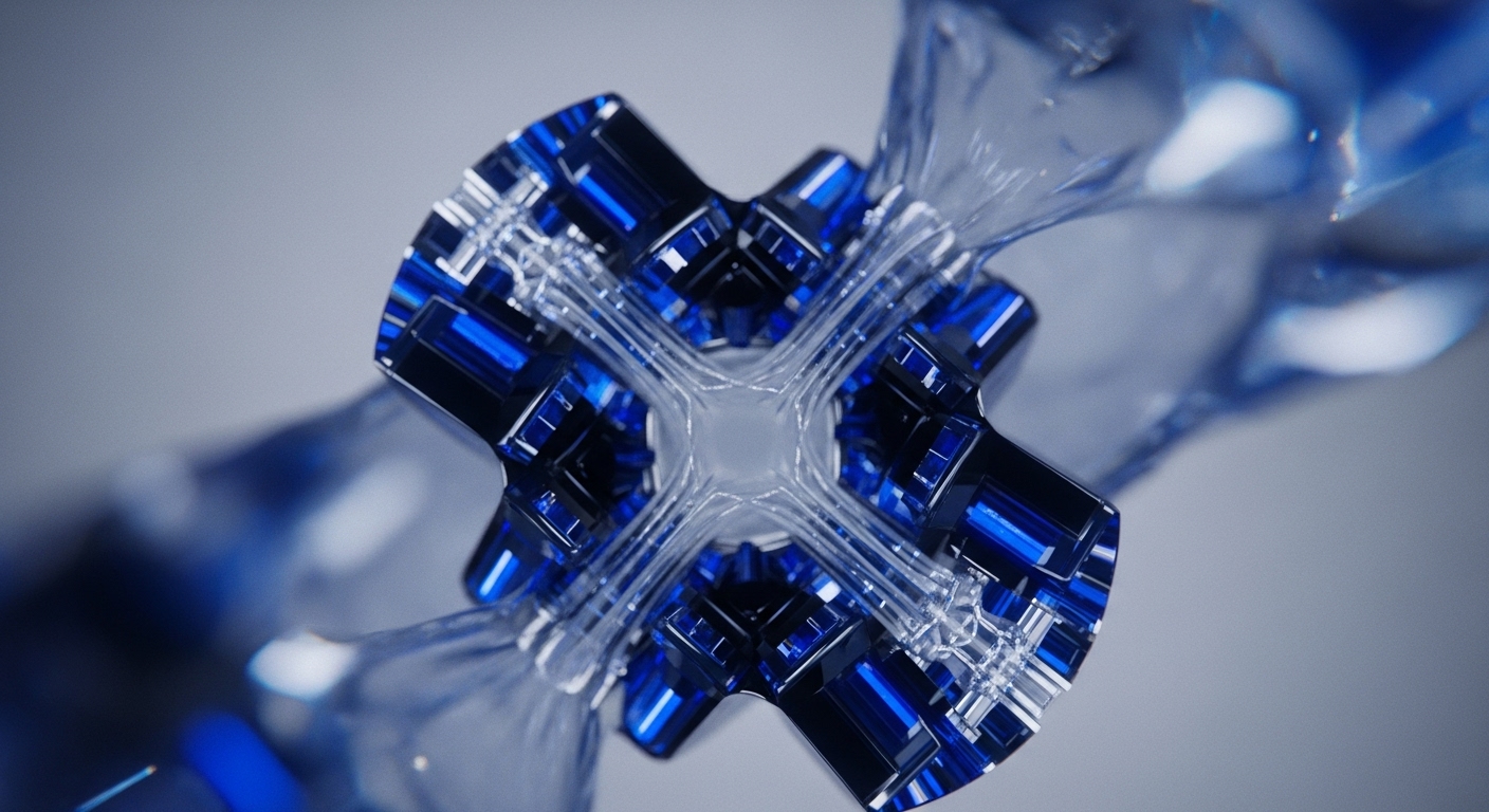 A symmetrical, multi-faceted central structure, featuring alternating clear and deep blue geometric blocks, is depicted against a soft grey background. Transparent, fluid streams of light blue material flow dynamically around and through this central component, creating an intricate visual of interconnectedness