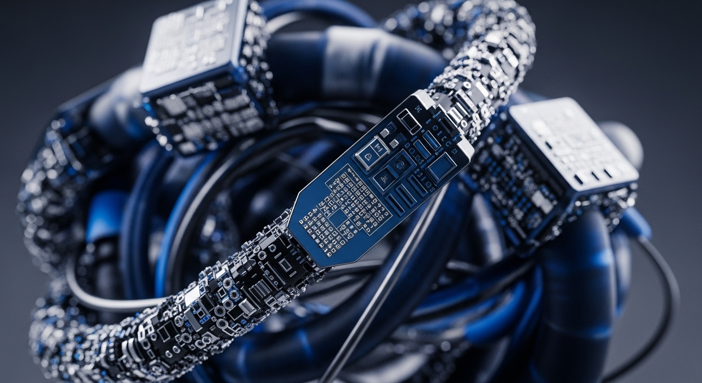 The image showcases a complex digital backbone, featuring intertwined dark blue conduits enveloped by intricate silver and blue circuit board segments. These components, resembling specialized ASIC mining hardware and hardware wallets, illustrate a robust decentralized network infrastructure. The detailed circuitry, with its dense patterns, suggests the immense computational power required for cryptographic hashing and secure transaction processing within a distributed ledger technology. This visual metaphor encapsulates the intricate interplay of physical and digital elements underpinning modern blockchain protocols.