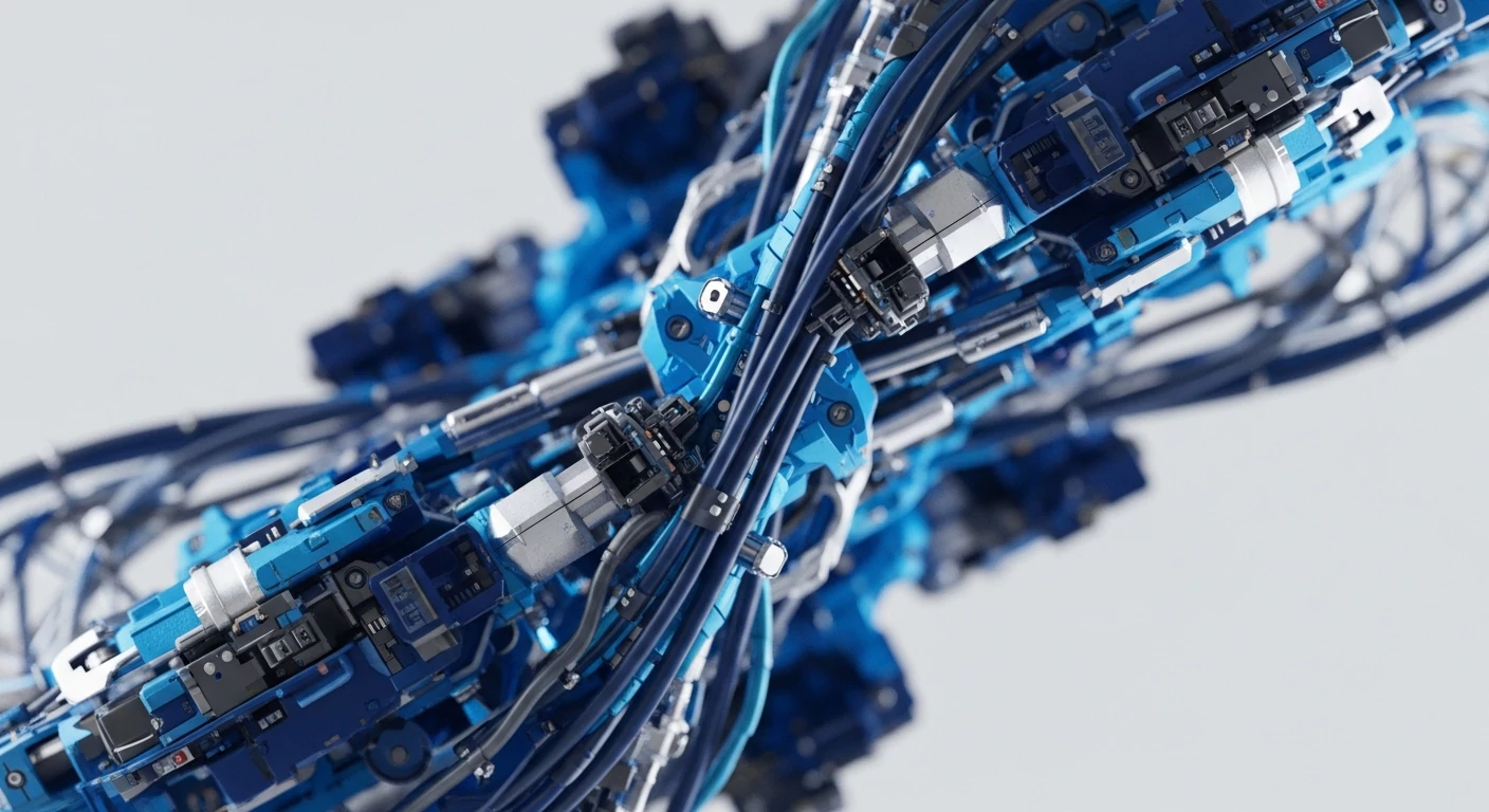 A close-up view reveals a detailed, abstract mechanical construct in shades of blue and silver, resembling a complex technological system. This intricate arrangement of interconnected components and bundled conduits visually symbolizes the architecture of decentralized systems and blockchain technology