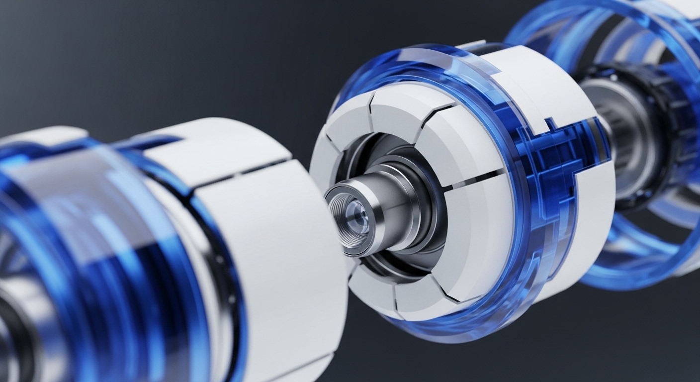 This visual depicts a sophisticated, modular mechanical assembly with glowing blue translucent elements and white segmented casings, suggesting advanced technological integration. It evokes concepts of secure, distributed ledger technology infrastructure and decentralized application architecture. The interlocking components symbolize cryptographic key exchange and consensus mechanisms, essential for robust blockchain network operations and the seamless flow of digital assets within a peer-to-peer ecosystem. This imagery aligns with the underlying principles of decentralized finance DeFi protocols.