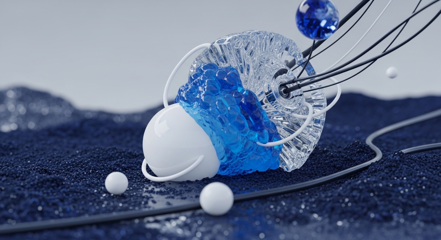 The composition features a prominent clear, textured structure alongside a flowing blue substance and a smooth white sphere, set against a granular dark blue surface. This abstract visualization meticulously portrays the intricate layers of a blockchain network