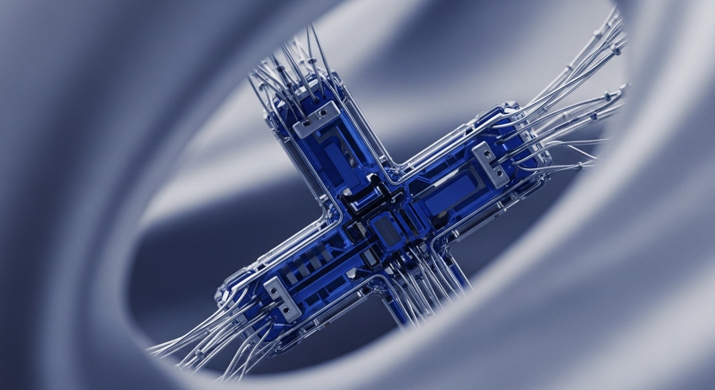 A vivid blue, metallic 'X' structure, intricately detailed with internal circuit-like components, anchors the image, surrounded by a soft, blurred grey-blue background. Numerous slender, metallic wires radiate from the structure, implying a complex network of connections and data pathways
