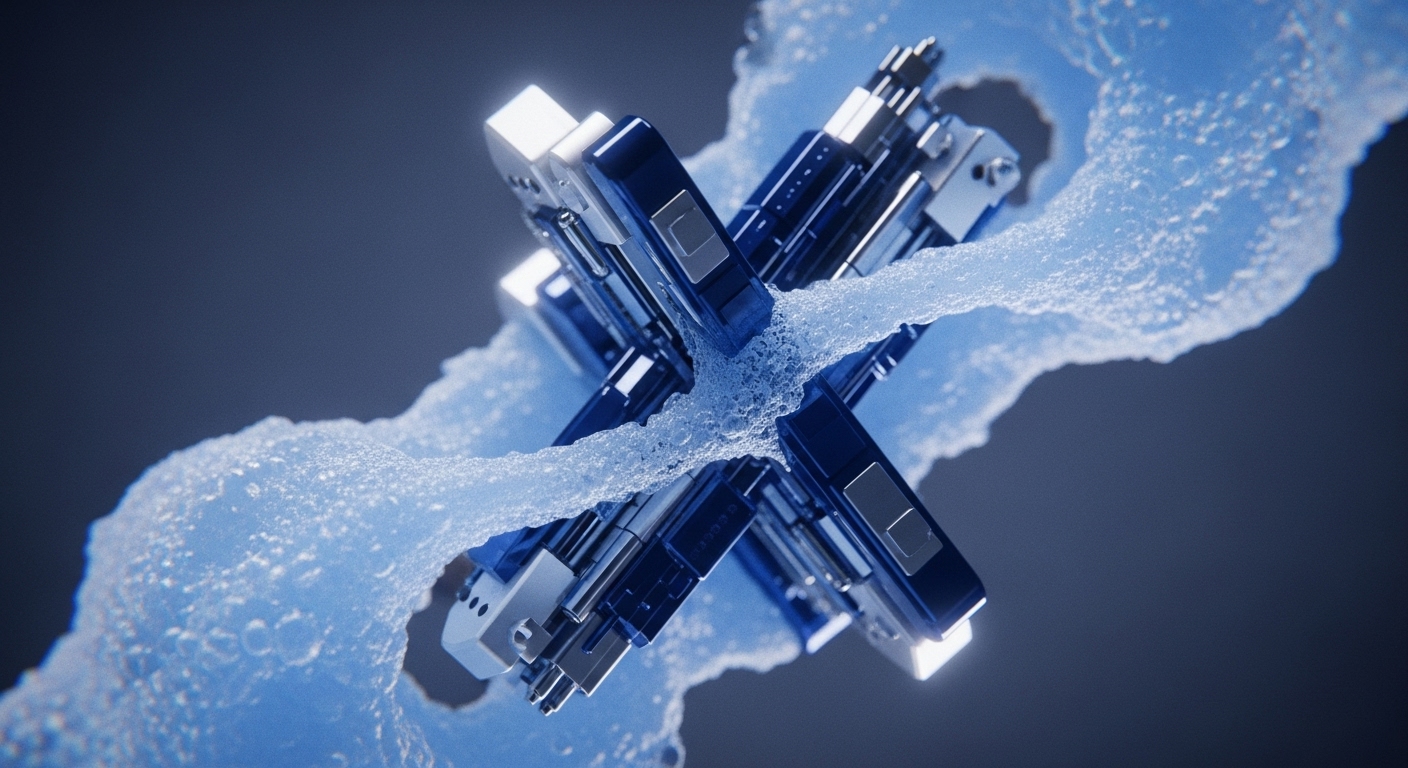 The image displays a complex, metallic, cross-shaped structure, featuring dark blue and silver components, centrally positioned against a dark background. A translucent, light blue, bubbly fluid dynamically flows around and through this intricate mechanism