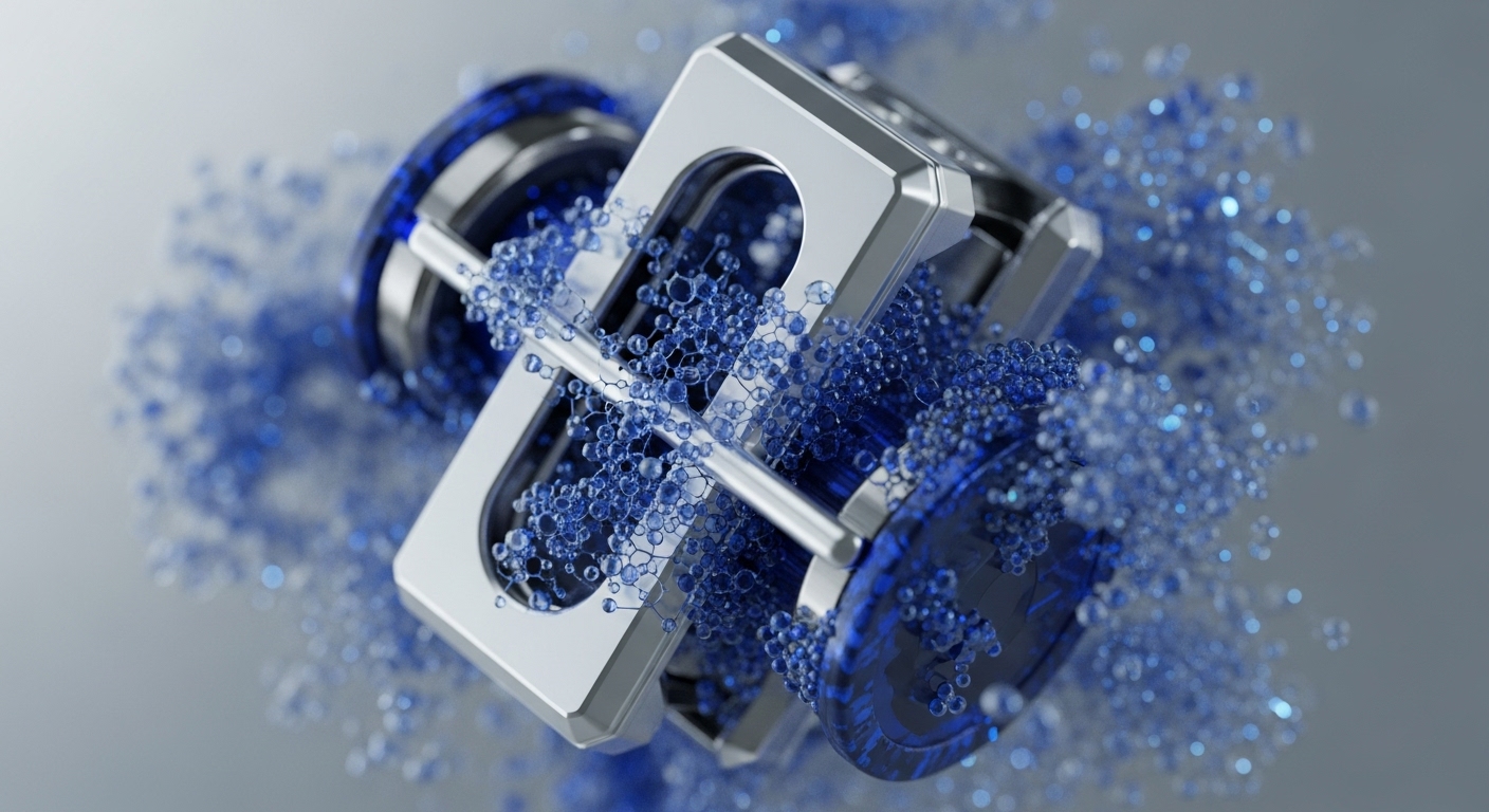 A polished silver-metallic, abstract mechanical structure, resembling a network node in blockchain architecture, is enveloped by a dynamic swarm of translucent blue spheres. These spheres, representing digital assets or on-chain data, are interconnected by fine lines, forming a lattice interacting with the mechanism. This visually metaphorically depicts a consensus mechanism facilitating transaction processing, where cryptographic primitives orchestrate secure data flow within a distributed ledger technology DLT. The intricate operations of a DeFi protocol are implied.
