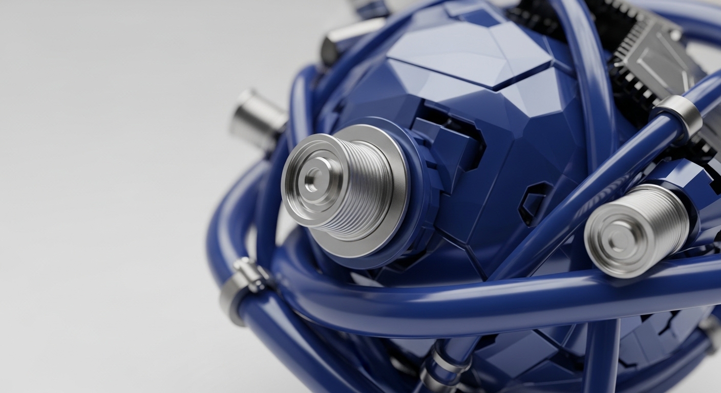 A detailed, close-up view showcases a complex blue spherical construct featuring intricate metallic conduits and components. This visual metaphor delves into the underlying mechanisms of blockchain and cryptocurrency systems