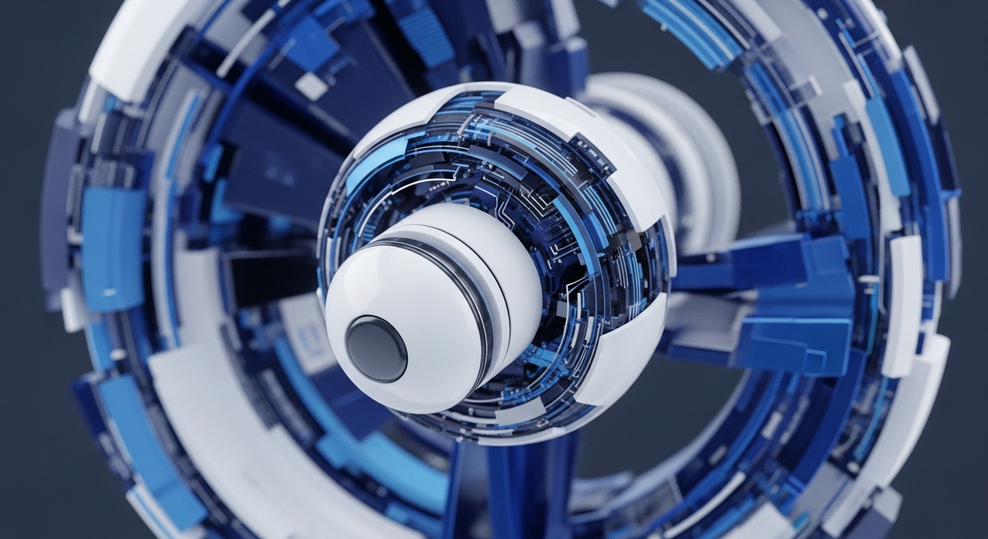 A detailed, futuristic node with a smooth white sphere at its core is surrounded by an elaborate, segmented ring of blue and white geometric components. This visual metaphor powerfully illustrates the foundational elements of decentralized systems and distributed ledger technology