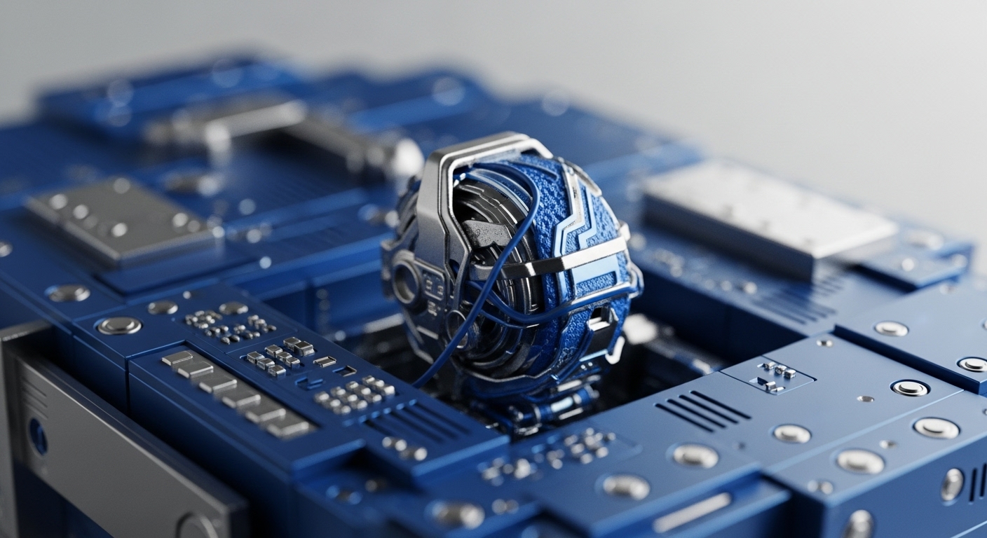 A detailed macro view presents an intricate metallic and textured blue spherical core, central to a modular blue circuit board-like structure. This complex assembly visually represents a critical decentralized ledger node, embodying the robust infrastructure of a Layer 1 blockchain. The interwoven components suggest a sophisticated consensus mechanism at play, processing transactions and executing smart contracts within a secure cryptographic protocol. Its precise engineering hints at efficient sharding capabilities for enhanced network scalability.
