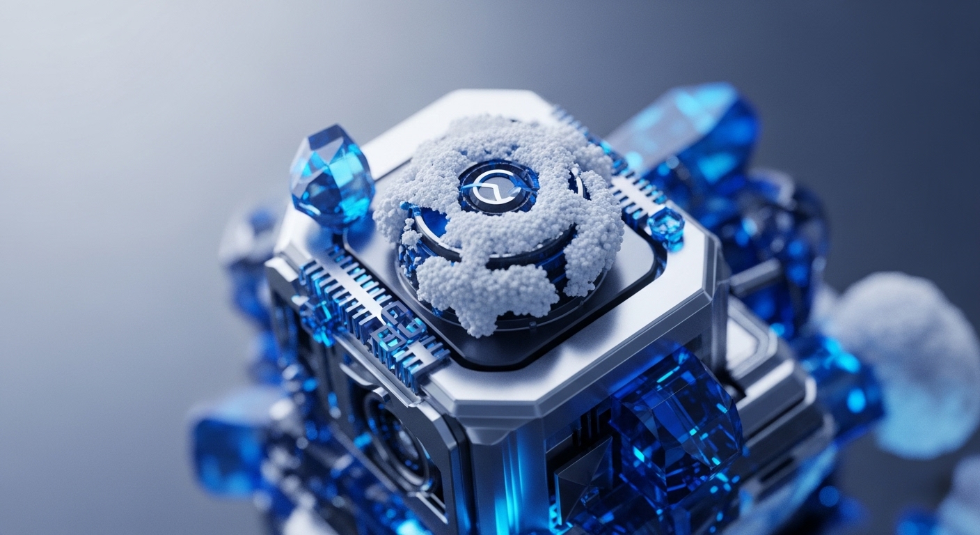 The image showcases a high-fidelity rendering of a metallic computational unit, adorned with glowing blue translucent structures and fine-grained white frost. At its core, a circular component with a visible protocol logo is enveloped in this frosty layer