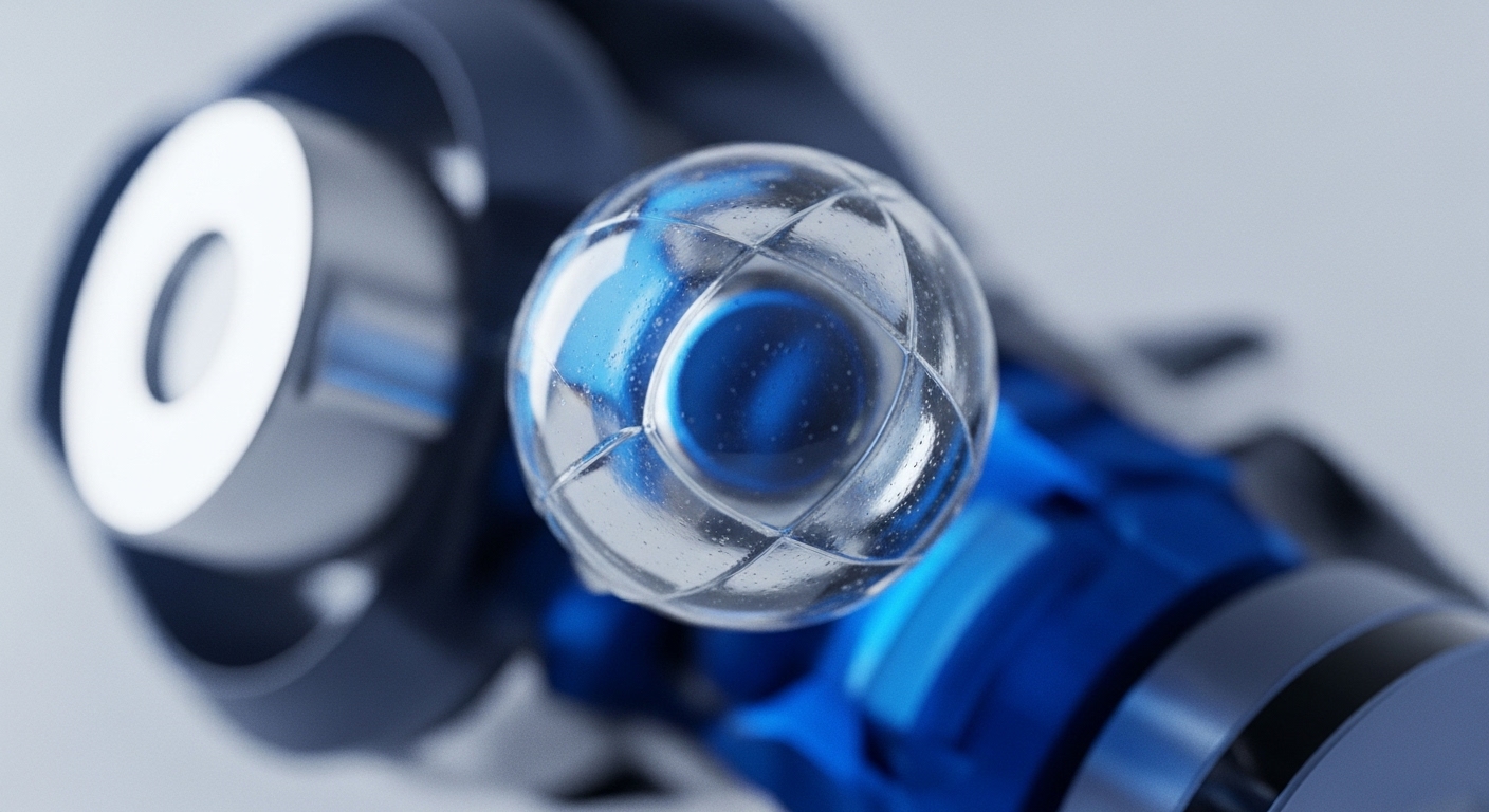 A translucent, patterned sphere hovers above a complex blue mechanism, embodying the core of a decentralized network node. This abstract representation visualizes the secure containment of digital assets and critical data within a blockchain architecture