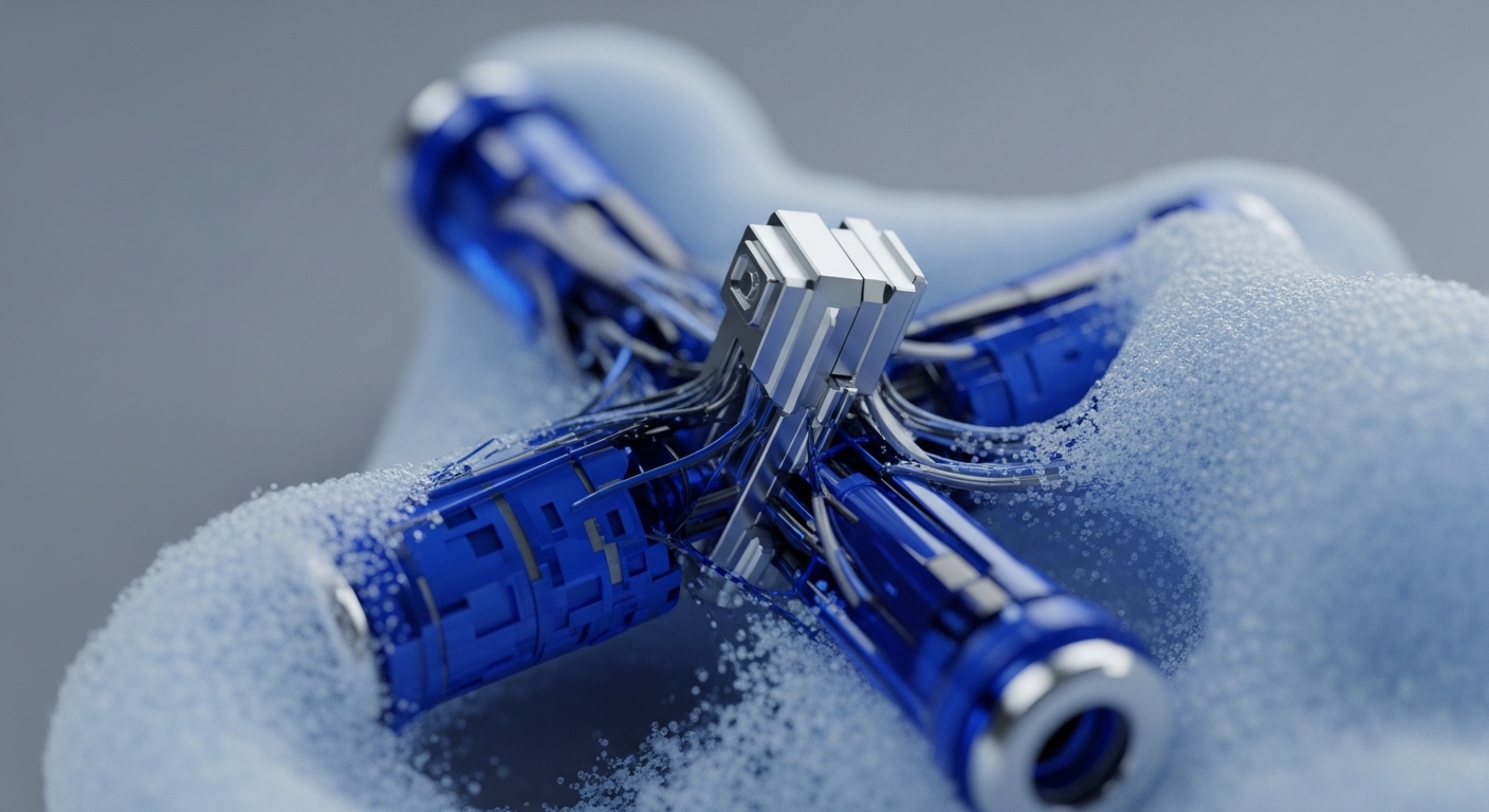 A futuristic, deep blue and silver cross-shaped device emerges from a soft, granular light blue substance. The central metallic component acts as a hub for intricate wiring and internal structures visible within the translucent blue arms
