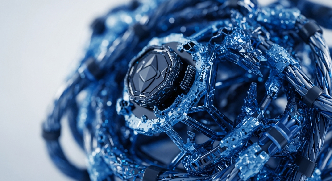 A detailed, abstract visualization showcases a central node featuring the Ethereum logo, surrounded by a dense network of crystalline blue structures. These elements, reminiscent of intricate circuitry and bundled conduits, represent the complex architecture of a decentralized network