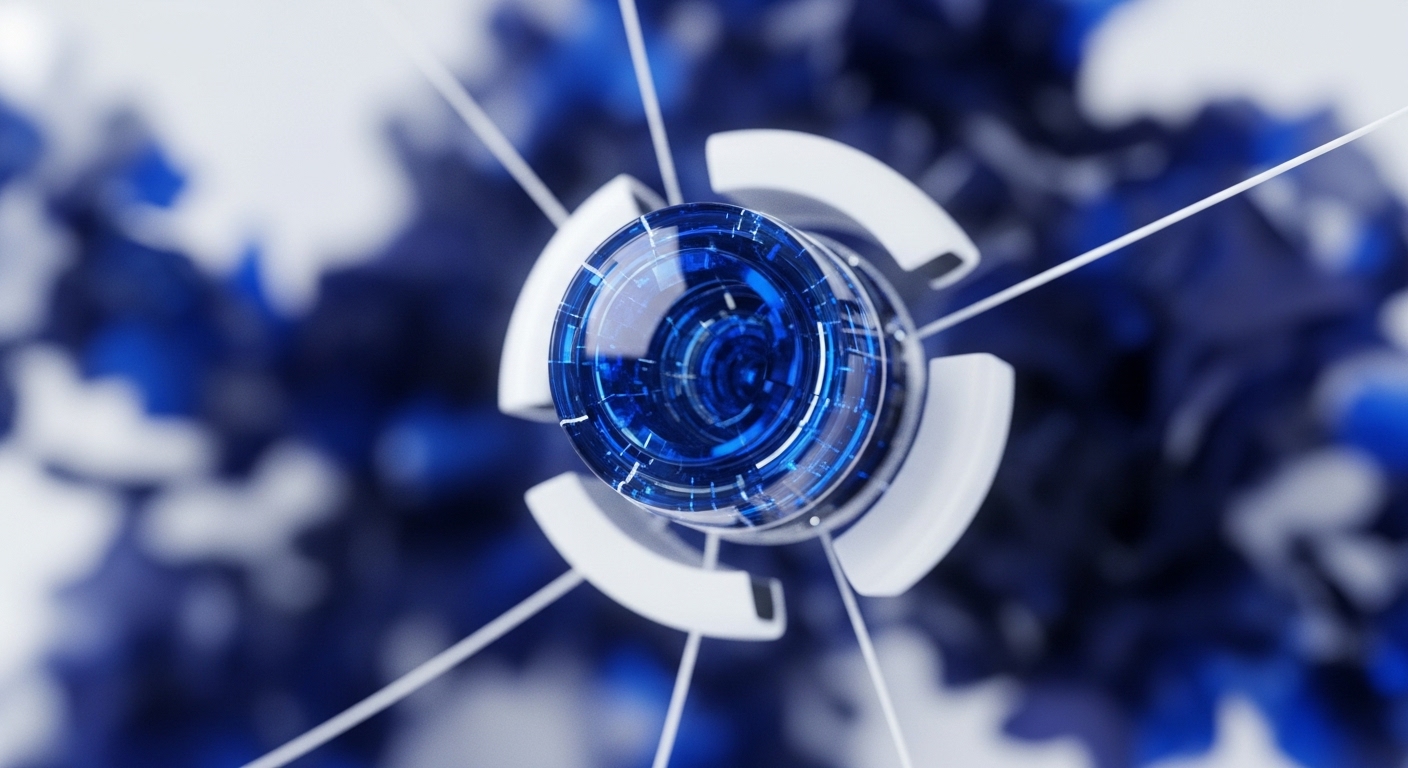 A luminous, multifaceted crystalline core pulses with internal blue digital patterns, radiating outwards. White, geometric arms extend from this central node, tethered by fine white filaments to an abstract, bokeh background of deep blues and whites