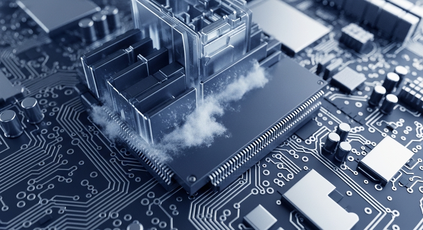 A close-up view reveals a dark blue circuit board populated with numerous silver electronic components and intricate conductive pathways. White vapor or clouds emanate from around a large central chip and its metallic heat sink structure, visually representing the intense processing power and data flow inherent in blockchain architecture