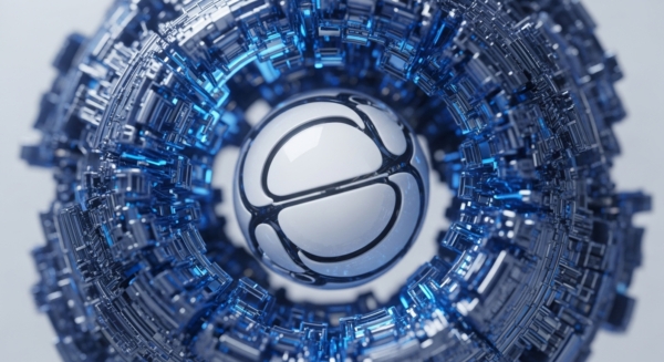 A central, luminous white orb with dark, interconnected lines, resembling a stylized basketball or atom, is encased within a complex, multi-layered ring structure. This outer structure is composed of intricate, metallic blue geometric components that emit a vibrant blue light, suggesting advanced technological integration. The overall aesthetic evokes a secure, decentralized network, potentially representing a core blockchain node or a cryptographic protocol's intricate operational mechanism. It signifies the intersection of distributed ledger technology and secure data management within the cryptocurrency ecosystem.