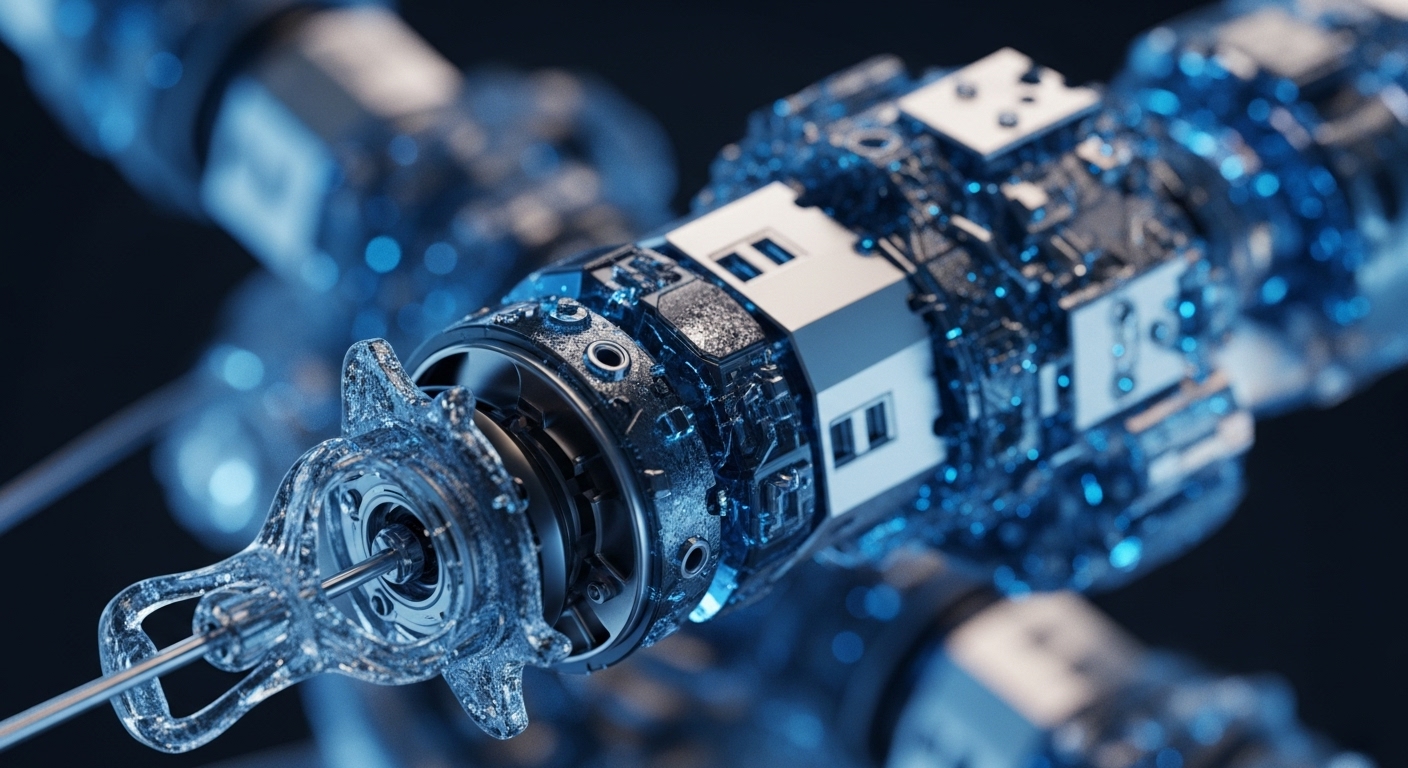 A detailed, macro view of a sophisticated, crystalline mechanical structure with intricate circuitry, bathed in cool blue light. This visual metaphor represents the underlying mechanisms of decentralized finance and distributed ledger technology. The complex interlocking components suggest the robust consensus mechanisms and cryptographic protocols powering blockchain networks, highlighting the interconnectedness of nodes and the secure validation of transactions within a decentralized ecosystem. It embodies the precision required for secure smart contract execution and secure tokenomics.