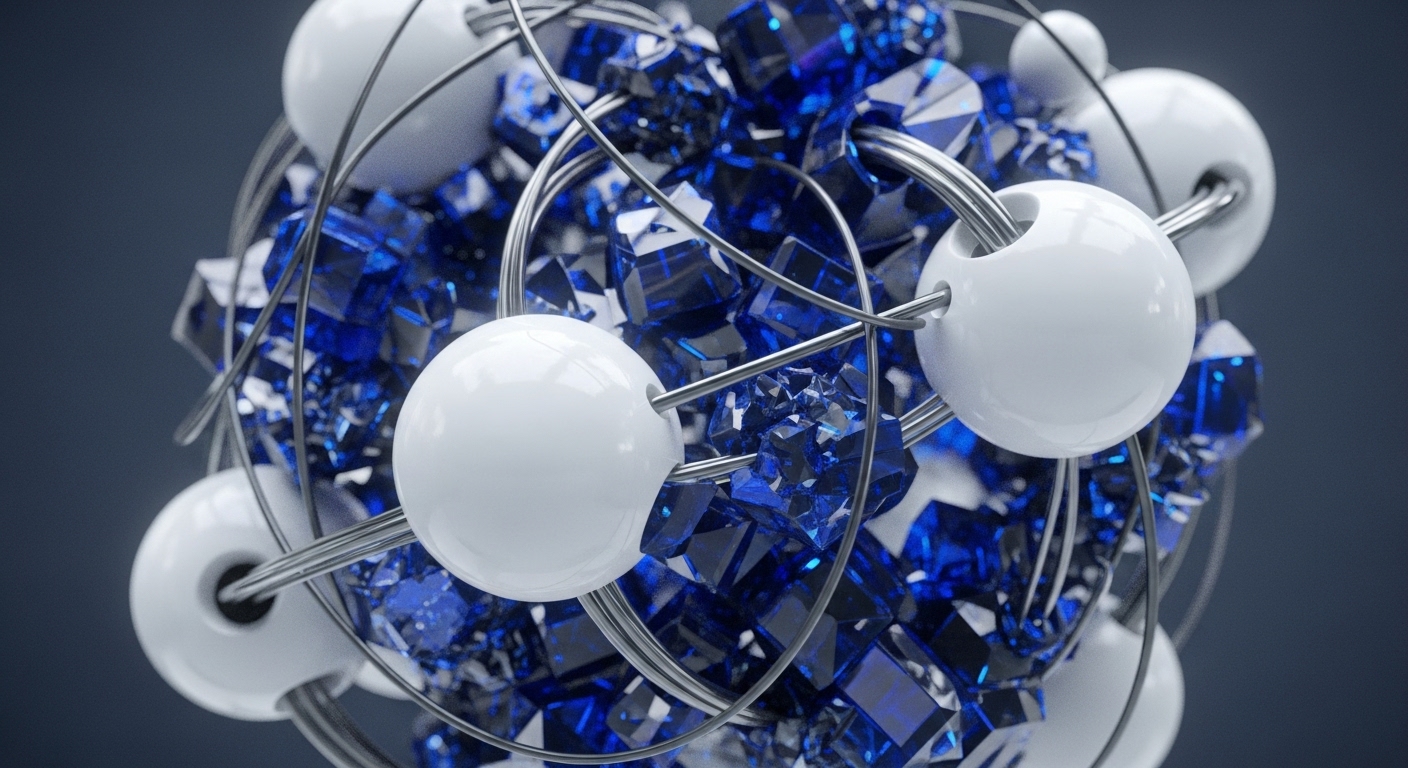 A detailed abstract render showcases glossy white spheres, acting as interconnected nodes, linked by silver metallic rods. The core of this structure is filled with an abundance of sparkling, multifaceted blue crystalline shapes, resembling digital assets