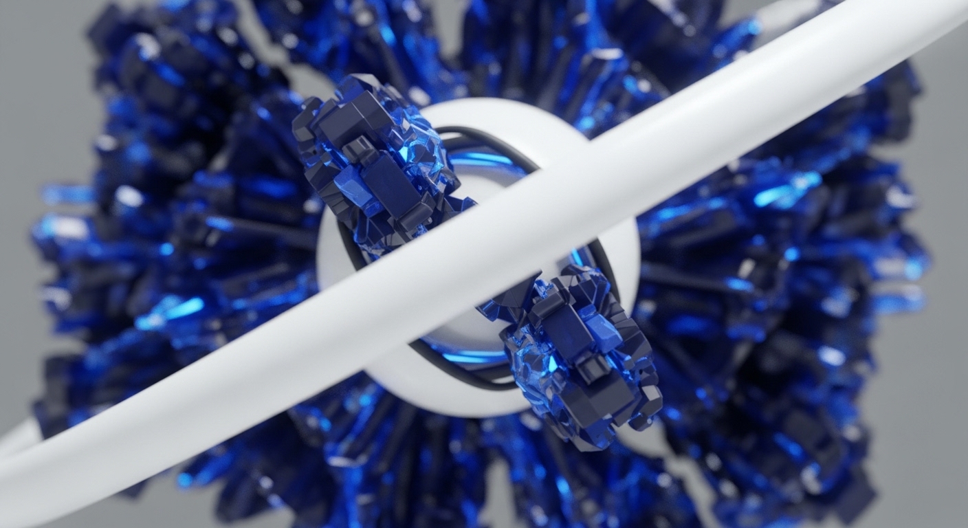 Intricate blue crystalline formations radiate outwards from a central white orb, intersected by smooth white bands, creating a dynamic, abstract representation of digital infrastructure. This imagery evokes the complex architecture of decentralized networks, where individual nodes contribute to a collective consensus mechanism