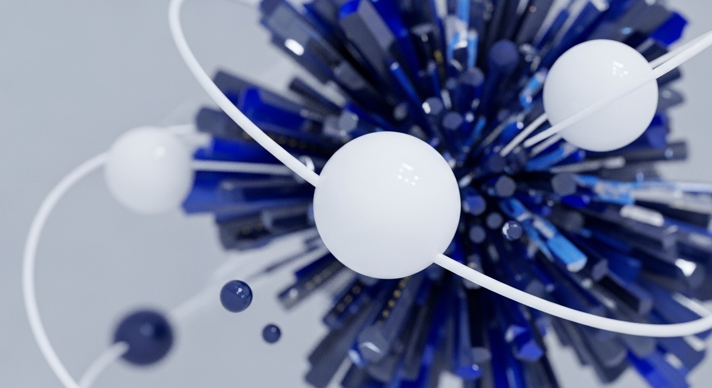 Prominent white spheres interconnected by graceful white lines create a visually striking, orbital arrangement against a soft grey backdrop. In the background, a dense cluster of blue and dark grey geometric rods and smaller spheres forms a complex, abstract structure