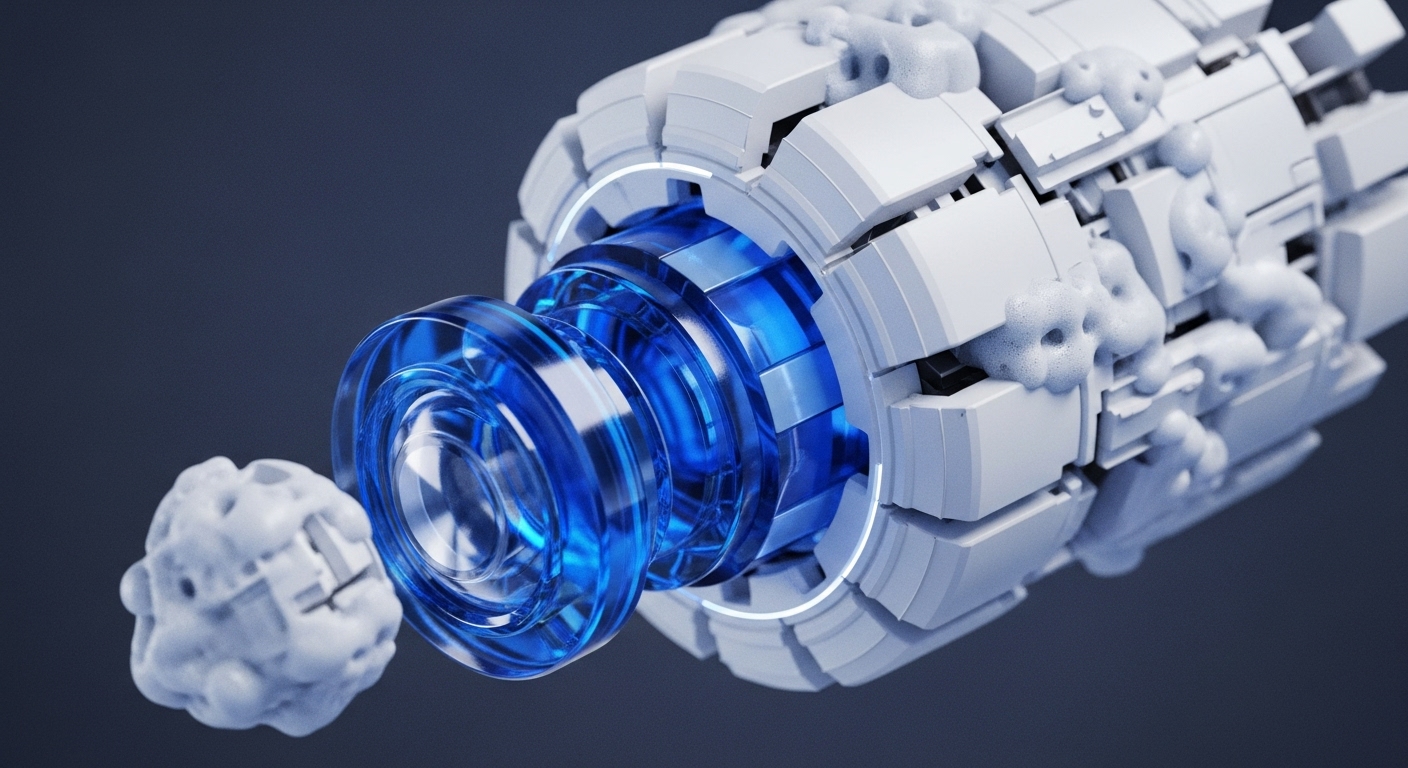 A dynamic, abstract visual depicts a central core of glowing blue energy, resembling a sophisticated engine, interacting with a segmented, white, mechanical structure. Frothy, atomized white particles are being processed or emitted by this structure, suggesting a complex mechanism at work