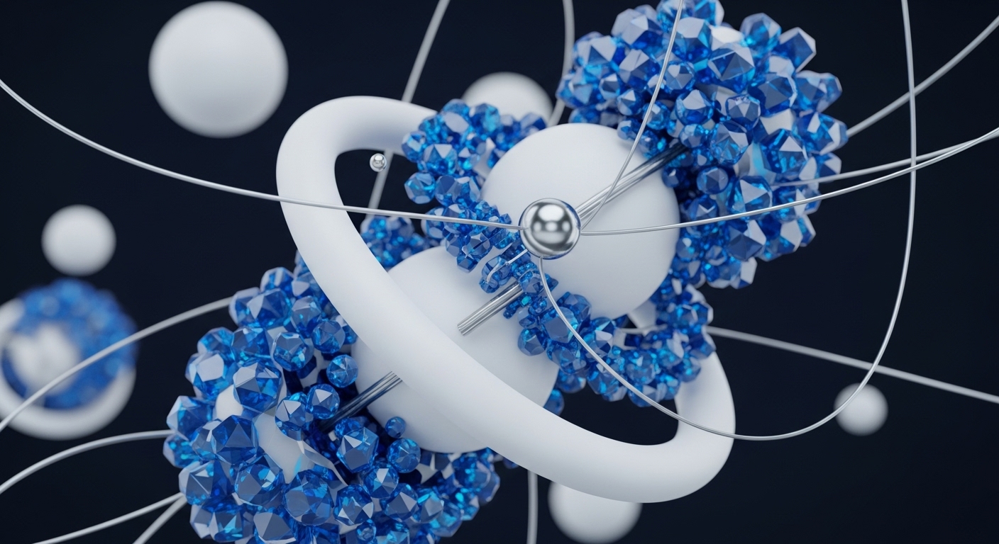 The image presents a detailed abstract visualization of white spherical and toroidal elements, intricately linked by thin metallic wires. These structures are adorned with numerous clusters of bright blue, faceted objects