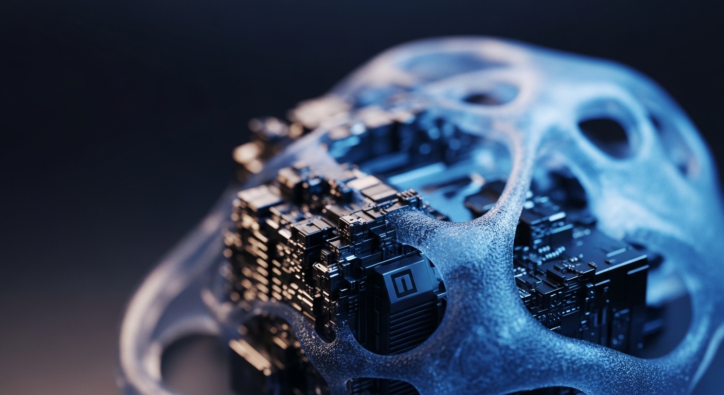 The image displays an abstract, close-up perspective of complex electronic circuitry encased within a translucent, textured blue skeletal structure. Dark, metallic components are densely packed, illuminated by subtle blue light against a deep, dark background