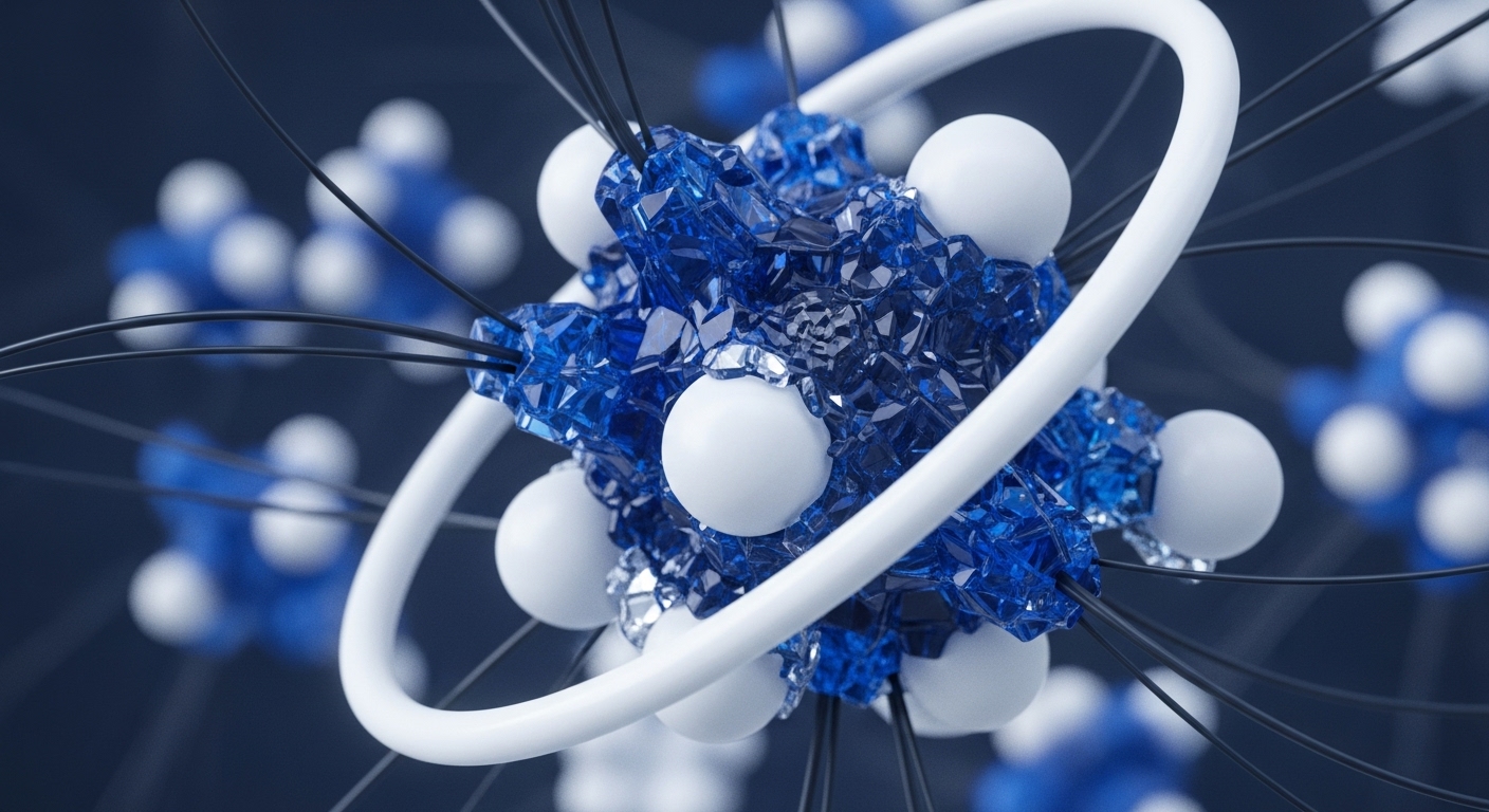 The image displays a complex, abstract structure featuring a central cluster of faceted blue crystals and smooth white spheres, intricately linked by black lines. A prominent white ring partially encompasses this core, with similar, blurred structures visible in the background, suggesting depth and a broader system