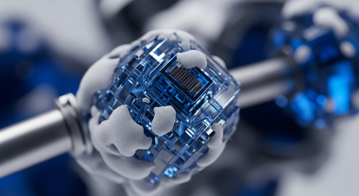 A detailed view showcases a transparent blue cubic structure, featuring an embedded integrated circuit, partially covered by white, textured organic shapes, and connected to a metallic rod. The background is blurred with complementary blue and white tones, highlighting the intricate foreground elements