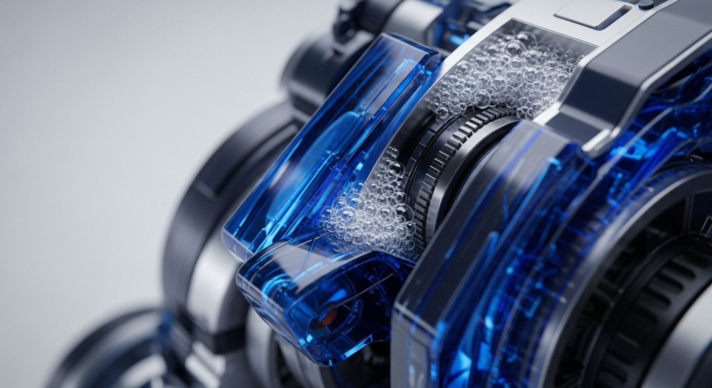 The image displays a detailed close-up of a complex mechanical system, featuring transparent blue conduits and metallic components. Numerous small bubbles are visible within the translucent sections, indicating dynamic internal activity