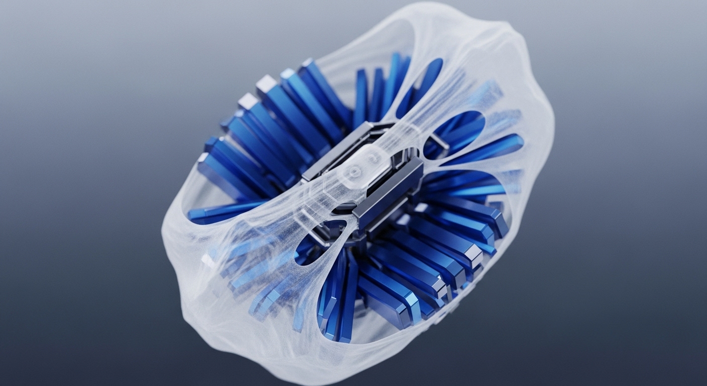 The image displays a translucent, web-like membrane encompassing a central metallic structure, with numerous blue, faceted components extending radially. These elements are symmetrically arranged against a smooth, gradient background, suggesting a highly engineered system