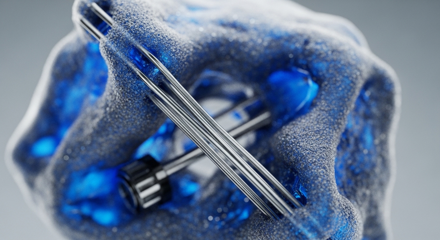 A close-up view reveals an abstract, granular blue and grey textured form, with multiple metallic and transparent rod-like structures piercing its surface and extending into its glowing blue core. A dark, ribbed cylindrical element is also visible within the complex internal arrangement