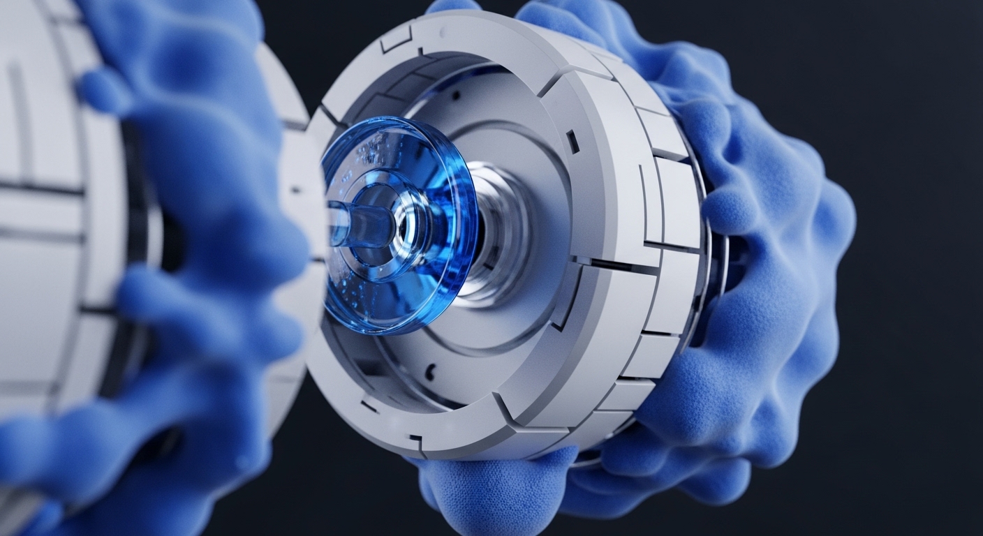 This visual depicts a sophisticated nexus of decentralized network protocols, characterized by a radiant blue, multi-faceted core mechanism. This core, surrounded by segmented metallic components and organic blue textures, symbolizes the intricate operations within a blockchain