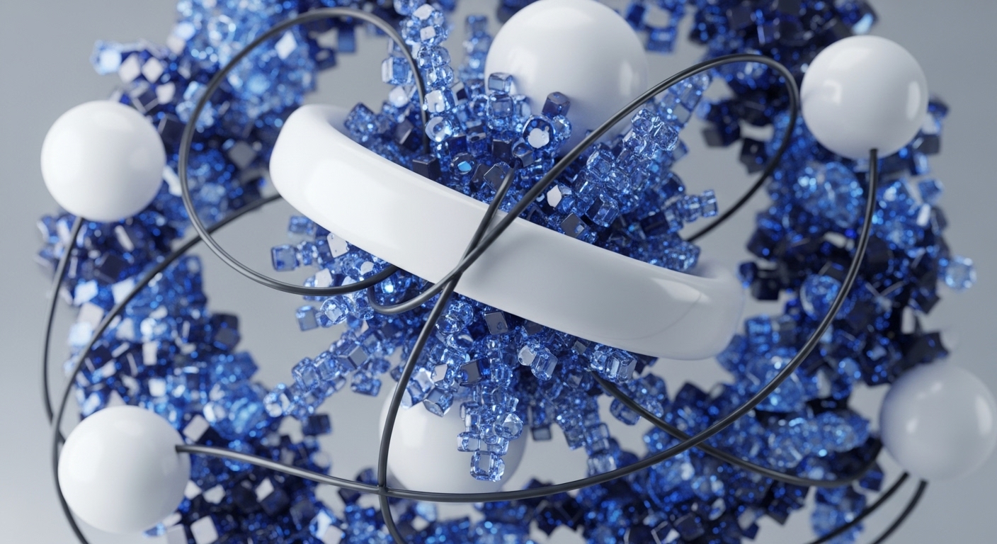 A prominent white toroidal shape forms the core, surrounded by a dense, shimmering mass of translucent blue cubic structures. Multiple smooth white spheres are strategically positioned, interconnected by thin black lines that weave through the blue elements