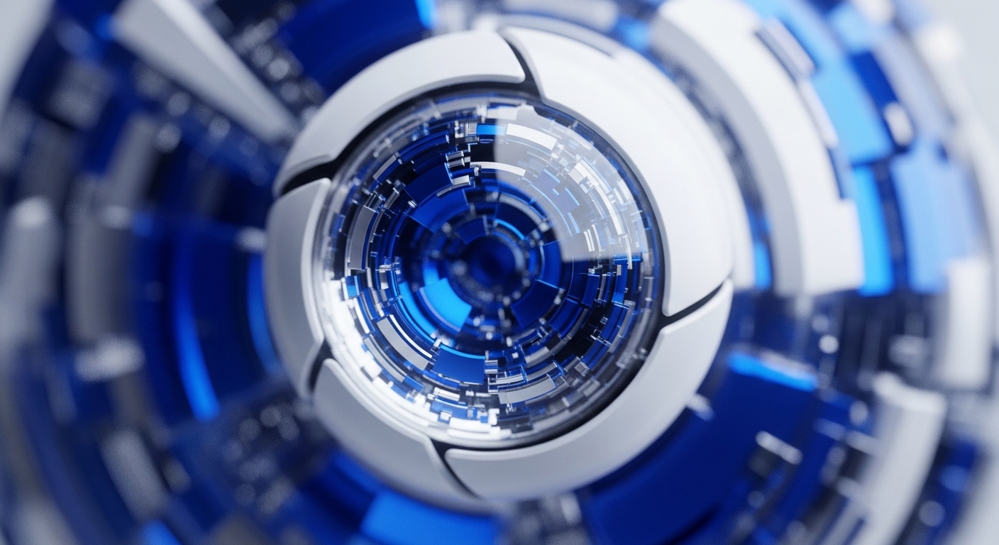 This abstract visualization displays a spherical construct with interlocking white and vibrant blue segmented layers, creating a sense of depth and advanced engineering. The central area reveals a detailed, transparent core filled with geometric forms, reminiscent of complex data matrices or cryptographic keys