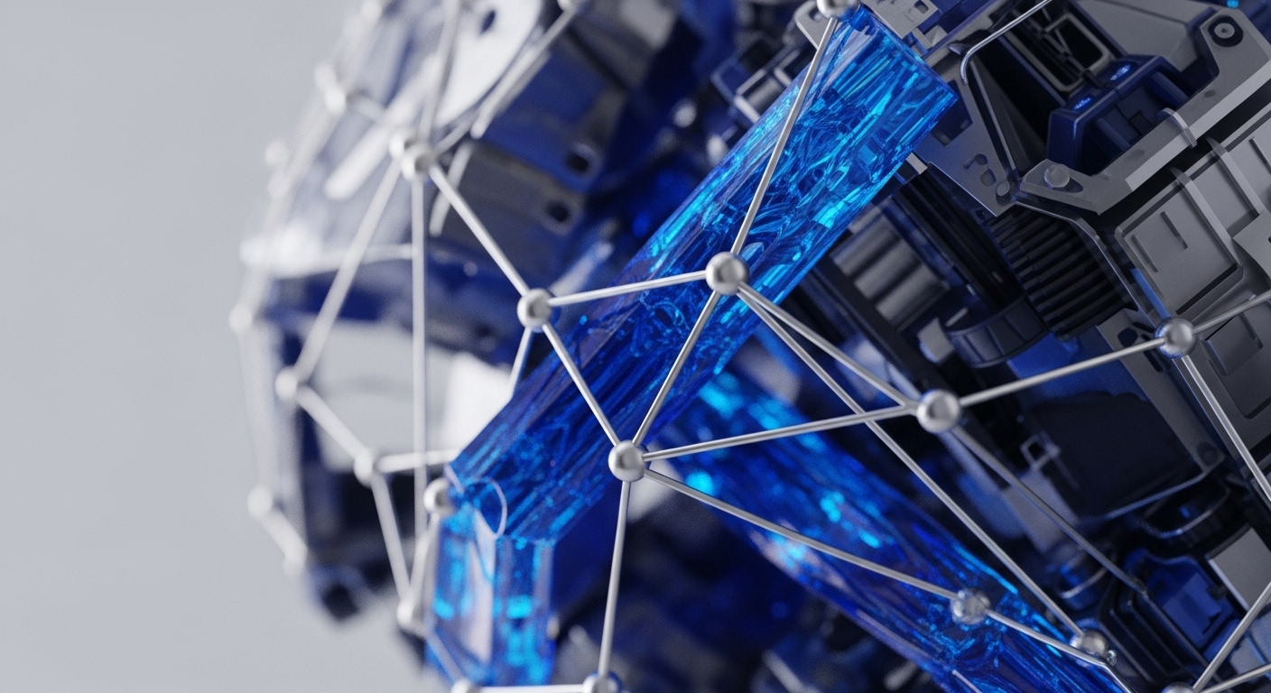 The image displays an intricate, abstract network of silver rods and spherical nodes, forming a structural lattice, interwoven with glowing blue, translucent channels. These illuminated conduits appear to carry active data streams within a sophisticated digital framework