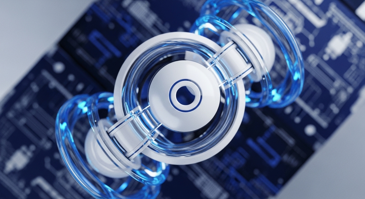 A luminous white central structure, adorned with concentric blue rings, is presented against a backdrop of intricate blue circuitry. This visual metaphor symbolizes the core architecture of a decentralized network, highlighting the intricate mechanisms of blockchain technology