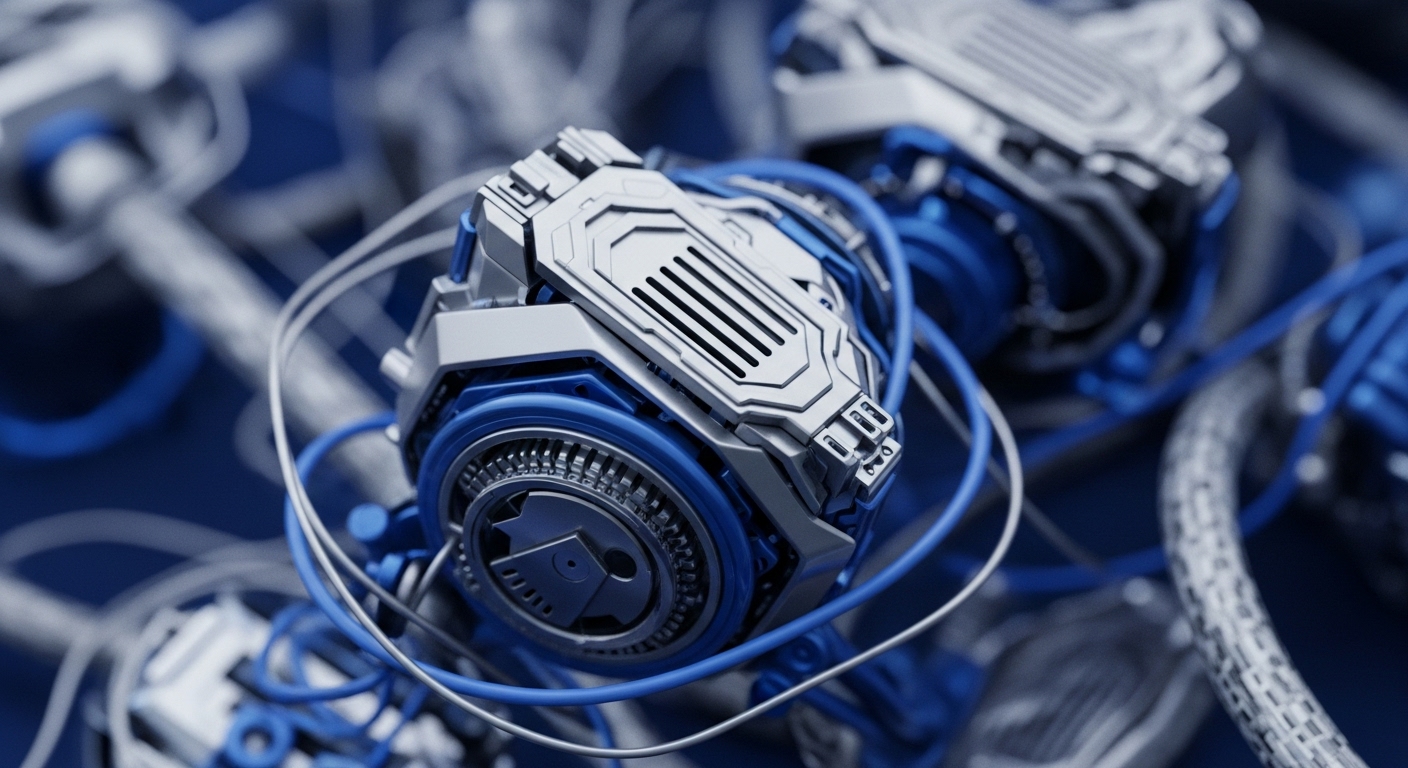Metallic and vibrant blue mechanical components are intricately intertwined with a dense network of wires and conduits, creating a complex, almost organic technological structure. This visualization abstractly represents the sophisticated architecture of decentralized systems and the core mechanisms of blockchain technology