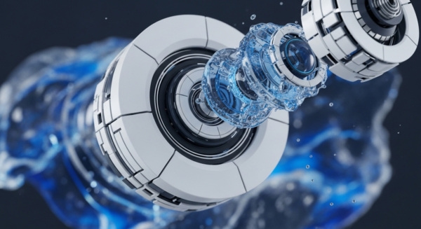 Abstract representation of a decentralized network protocol's core mechanism, visualized as a complex, interlocking structure immersed in flowing digital liquidity. The central component features intricate gears and a lens-like aperture, suggesting a processing unit or smart contract execution environment. Surrounding blue fluid elements symbolize liquid assets, tokenized value, and the dynamic flow of data within a blockchain ecosystem, hinting at DeFi protocols and cross-chain interoperability.