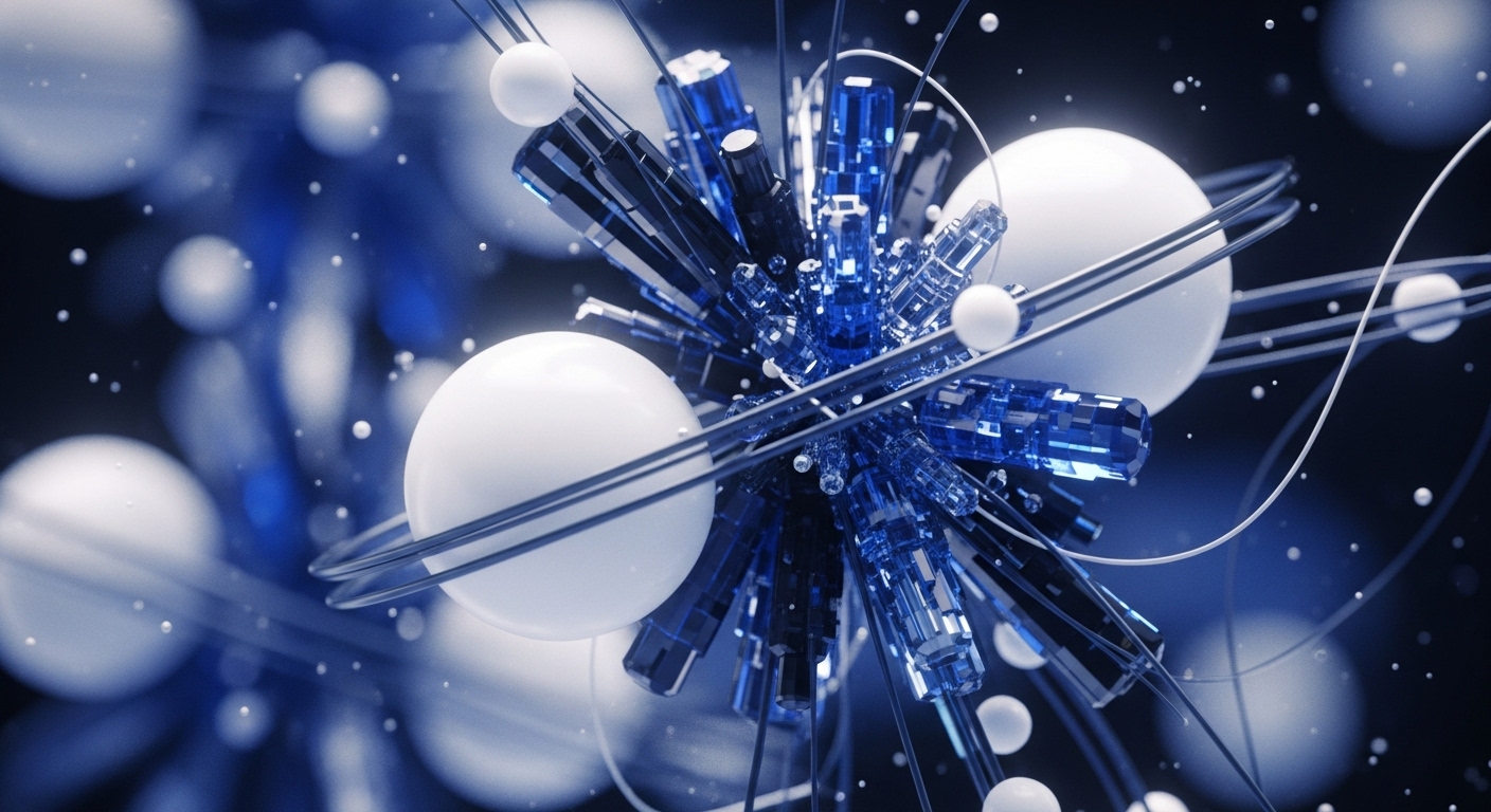 An abstract digital artwork displays a central, spiky cluster of blue, faceted crystalline forms, surrounded by multiple smooth white spheres. Thin white and blue lines connect these elements, with some spheres featuring orbital rings, all set against a blurred dark blue background with small white dots