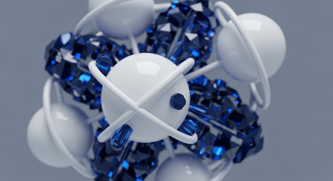 An abstract 3D rendering displays a spherical arrangement of white glossy spheres and segmented rings, interconnected by smooth white tubular structures. Within this framework, numerous dark blue faceted crystalline objects, some emitting a bright blue internal glow, are nestled