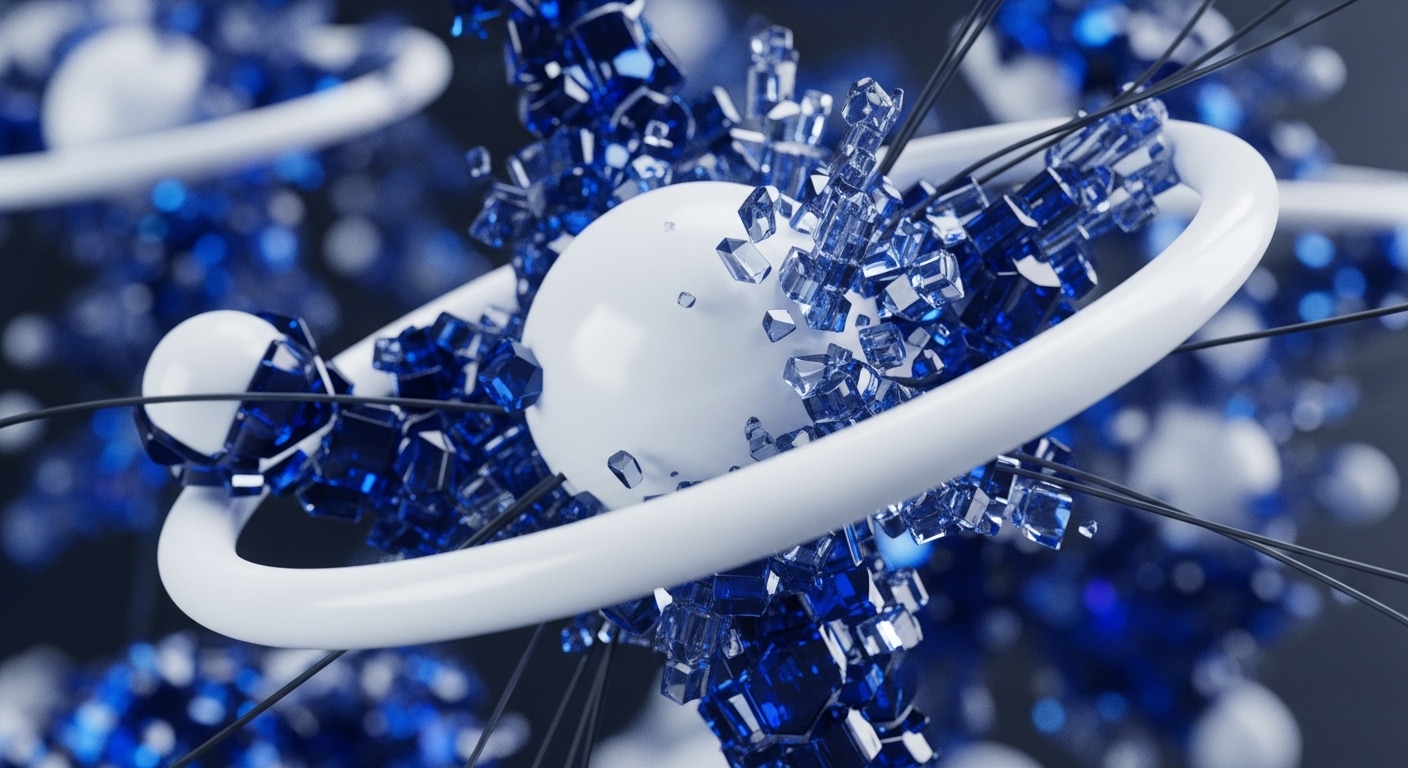 The scene presents multiple white spherical nodes, some prominently encircled by smooth white toroidal structures, intricately surrounded by vibrant blue translucent crystalline elements. Thin dark filaments extend from and between these components, creating a dense, interconnected visual