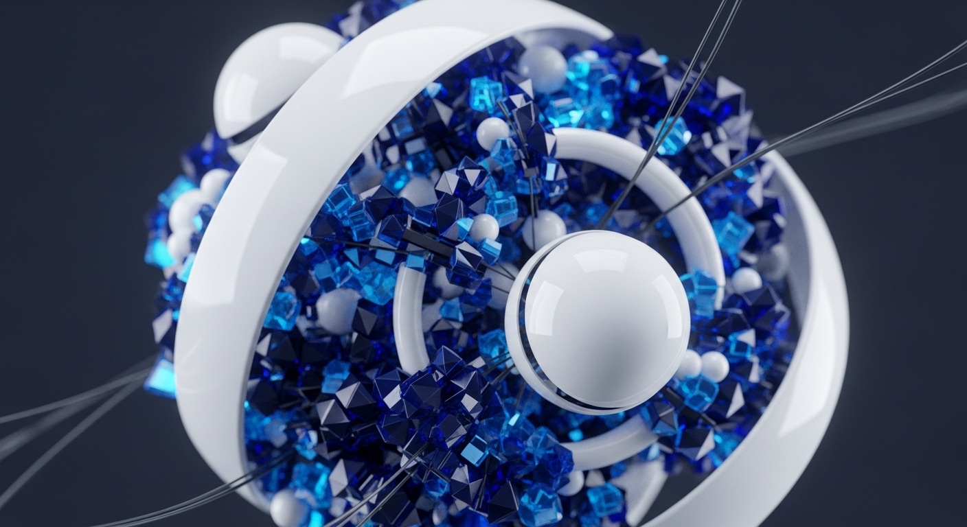 A visually striking abstract 3D render presents a spherical arrangement of smooth white rings and glossy spheres, densely filled with myriad translucent blue geometric forms like cubes and polyhedra. Fine dark wires extend outwards, creating a sense of intricate connectivity and data flow